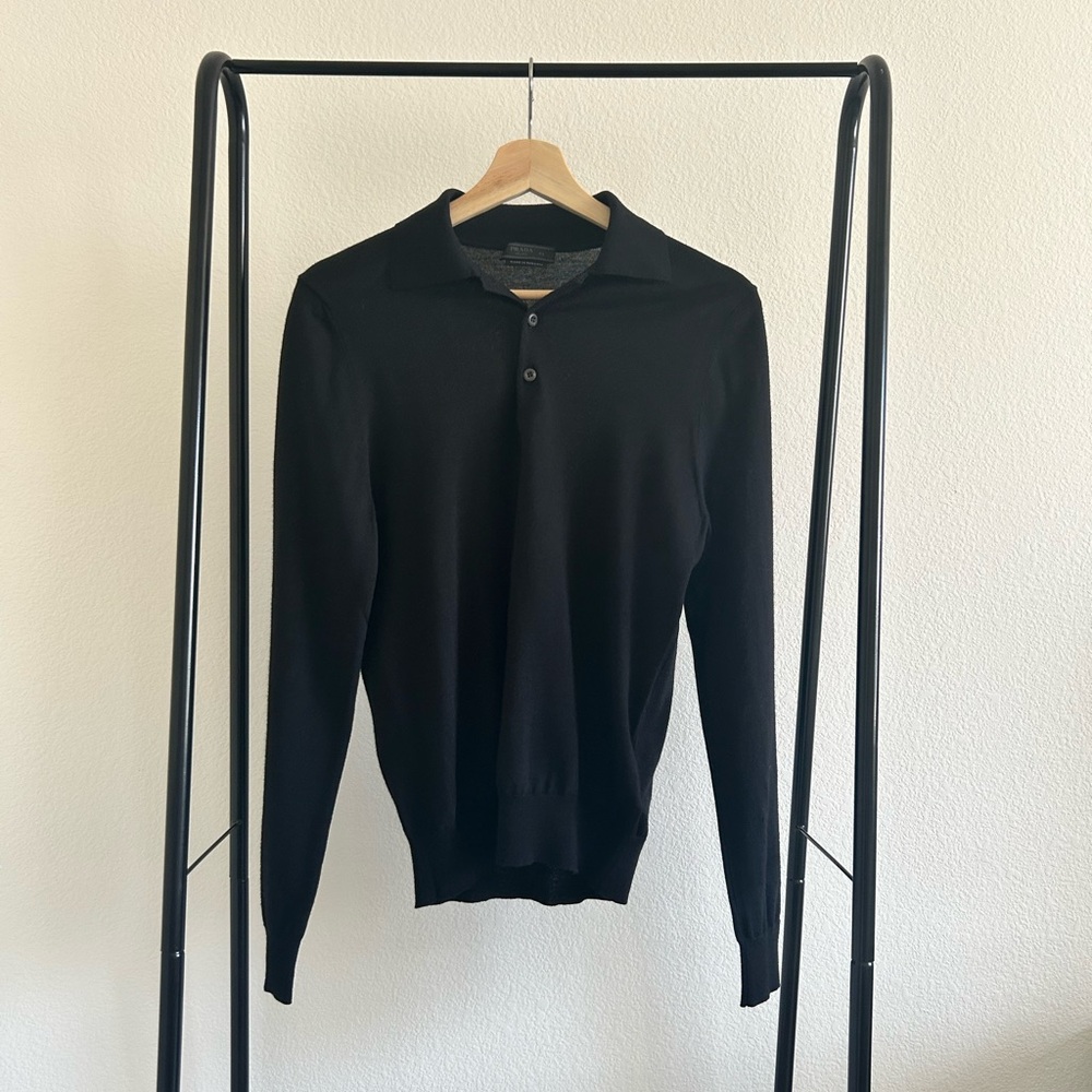 Prada Milano Black Knit Polo Sweater Mens Size 44 Small Made in Romania